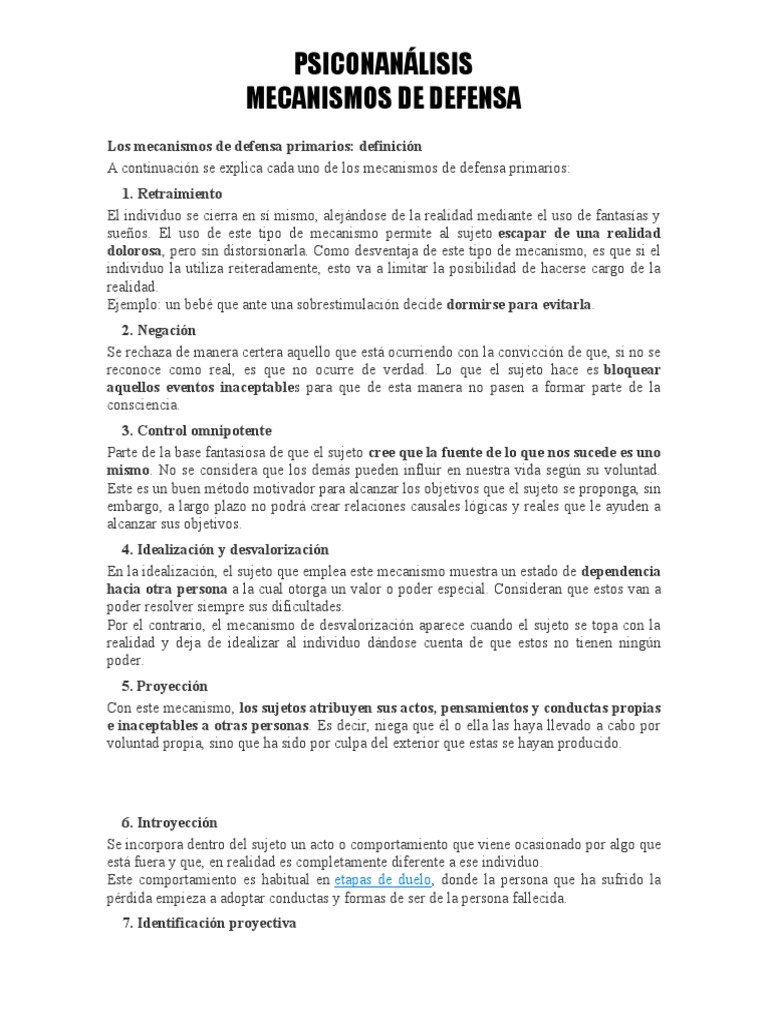 Mecanismos de Defensa en Psicoanálisis | PDF | Pensamiento | Las emociones