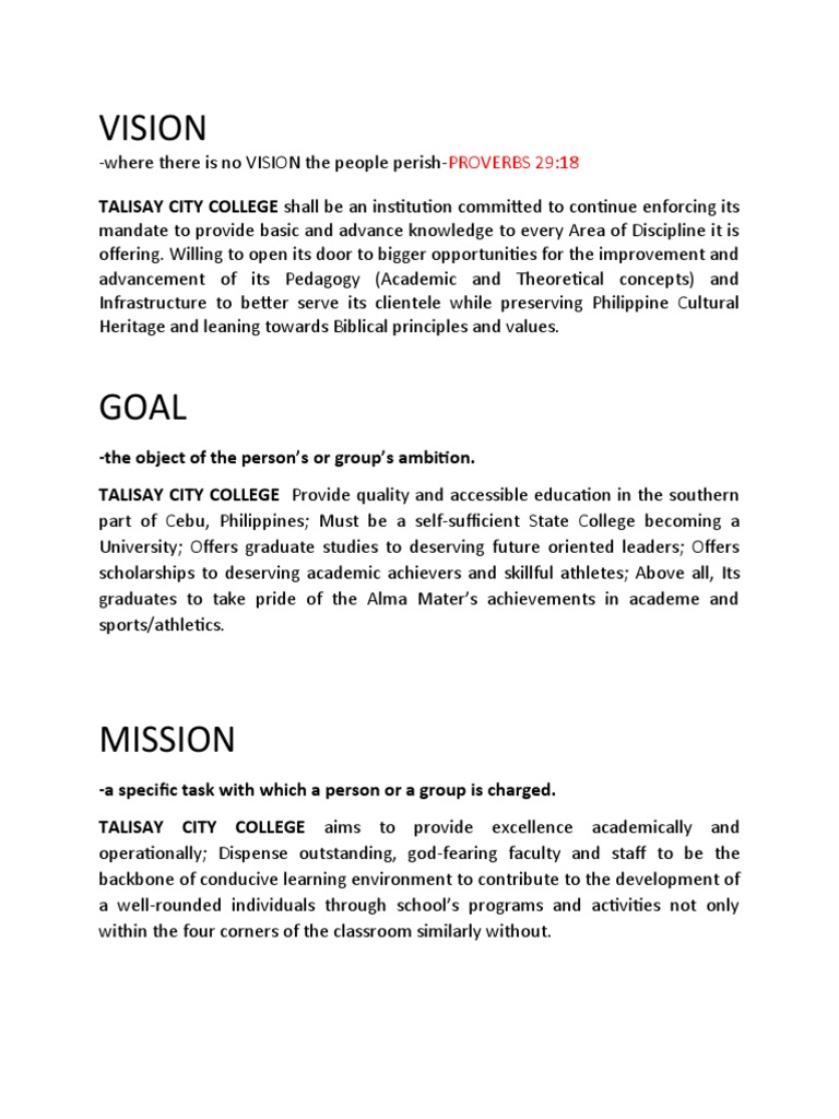 Talisasy city college vision vision and goal pdf