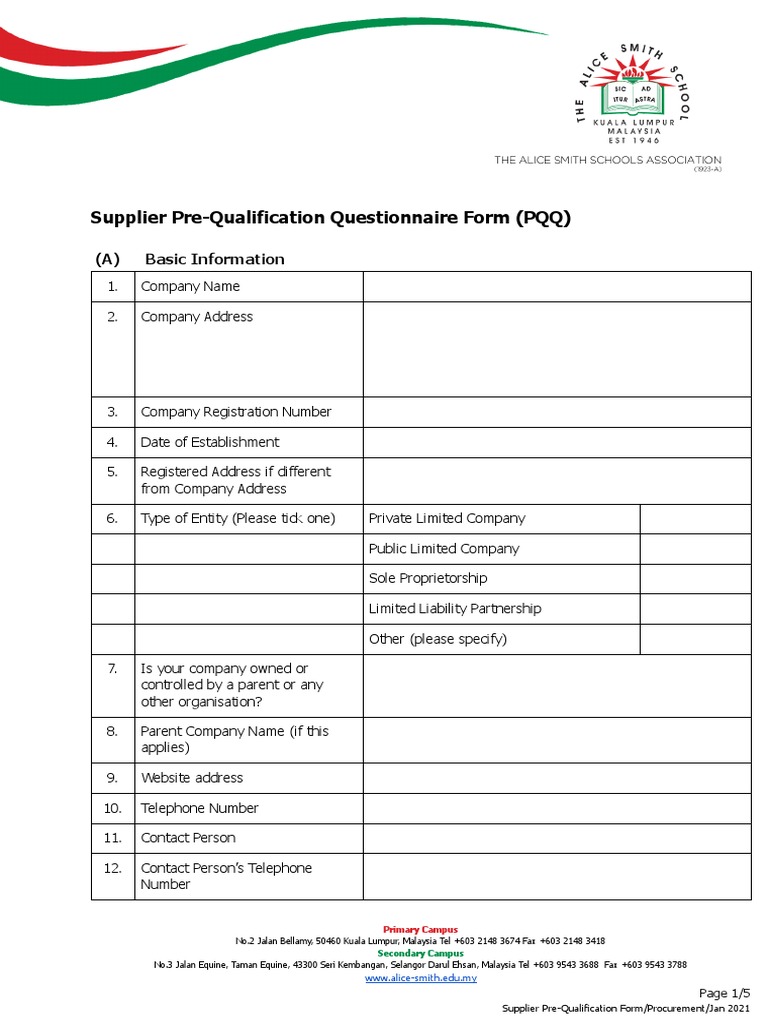 Supplier PreQualification Questionnaire Form PDF Occupational