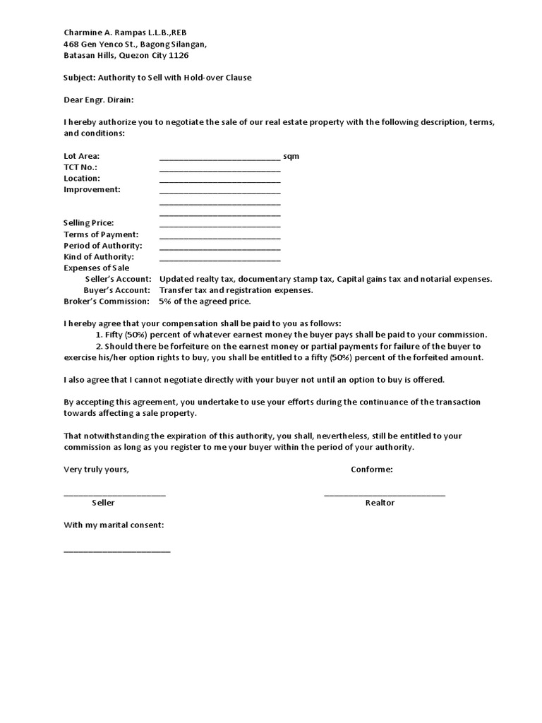 Authority To Sell With HoldOver Clause PDF