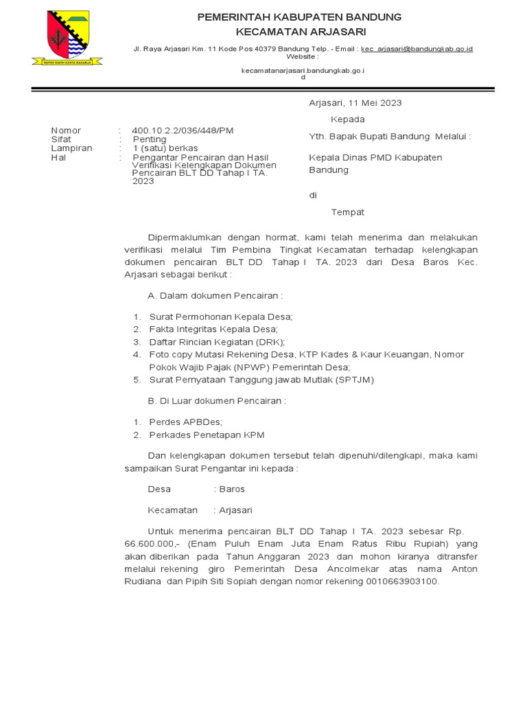 Verifikasi Pencairan BLT DD Arjasari 2023 | PDF