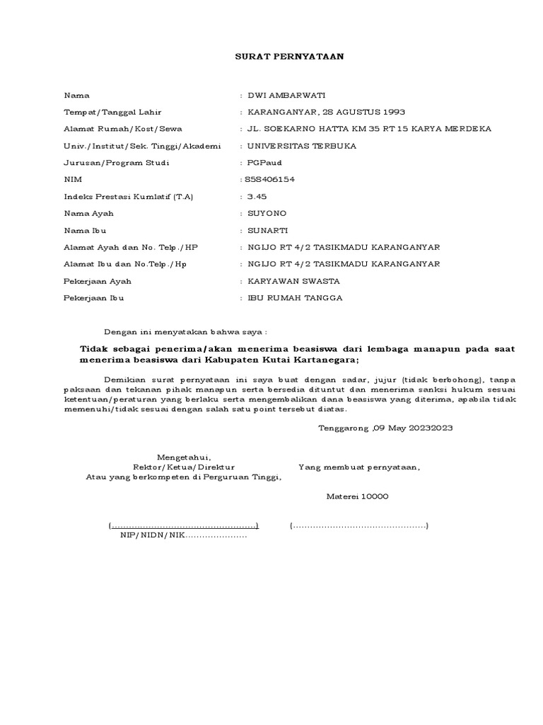 Surat Pernyataan Tidak Menerima Beasiswa Lain | PDF