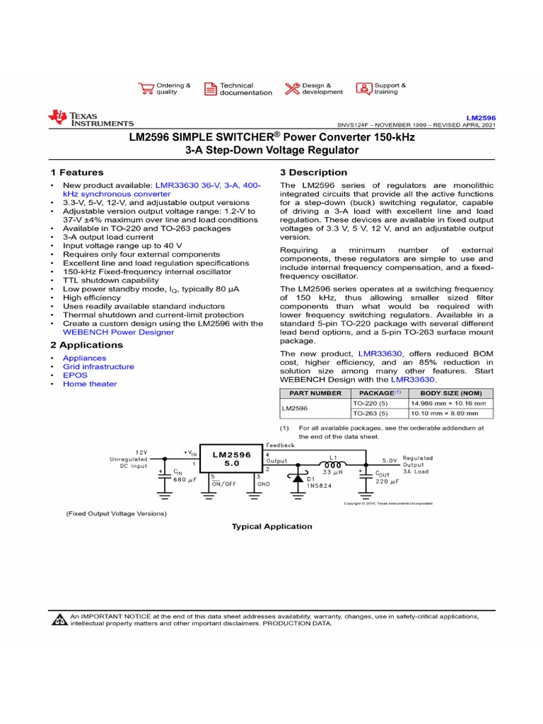 LM2596 SIMPLE SWITCHER® Power Converter 150-kHz 3-A Step-Down Voltage