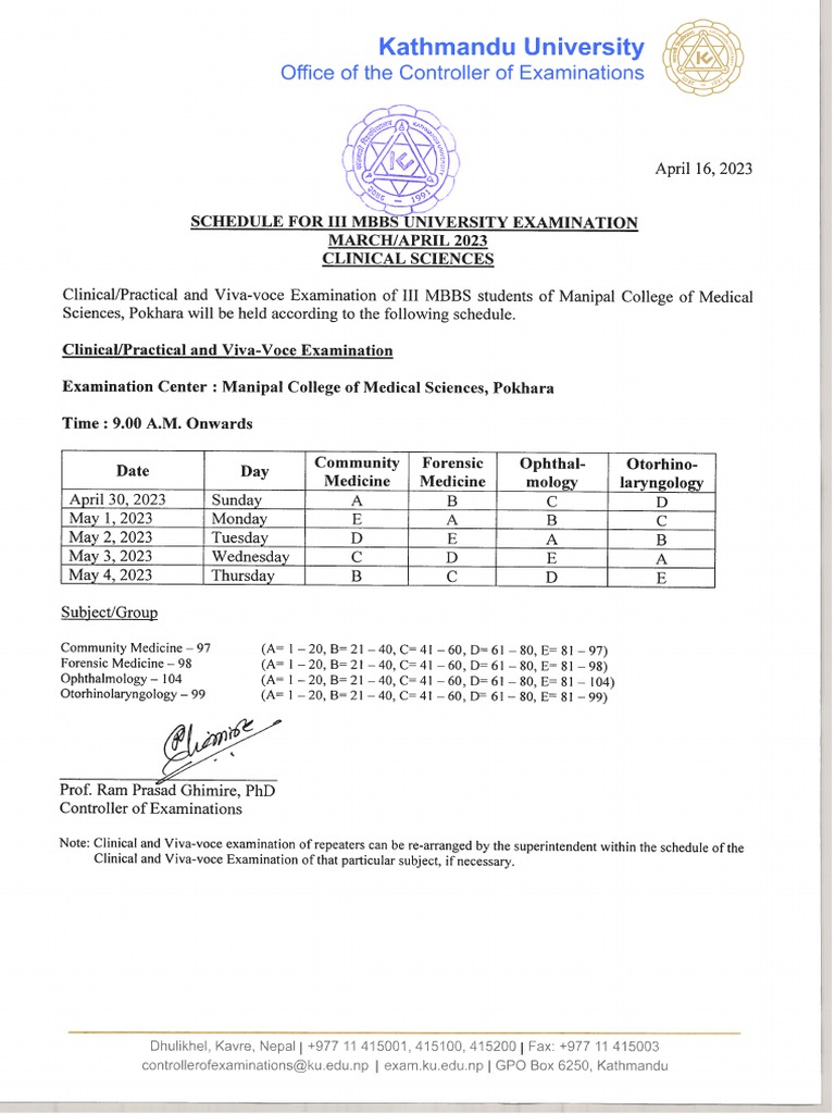 Schedule For III MBBS Practical and Viva Exam April 2023 PDF | PDF
