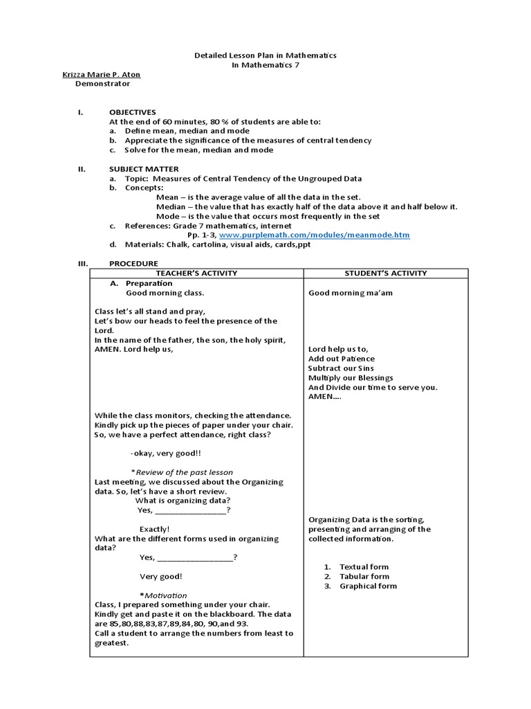 Detailed lesson plan in mathematics pdf mode statistics mean