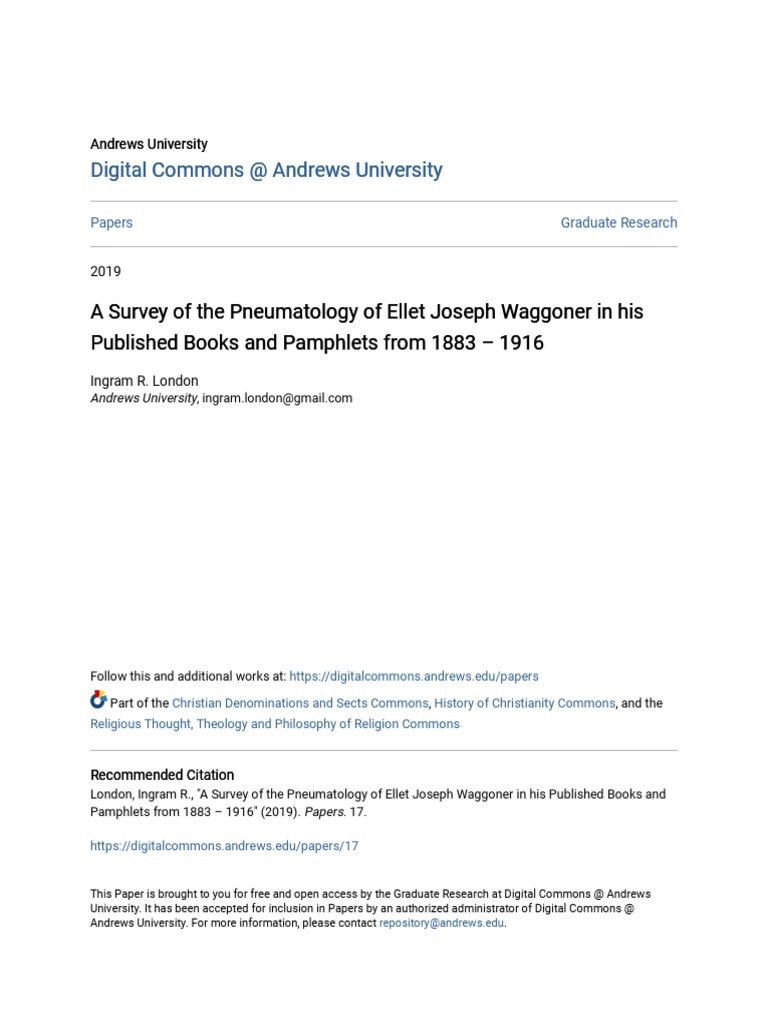 A Survey of The Pneumatology of Ellet Joseph Waggoner in His Publ PDF