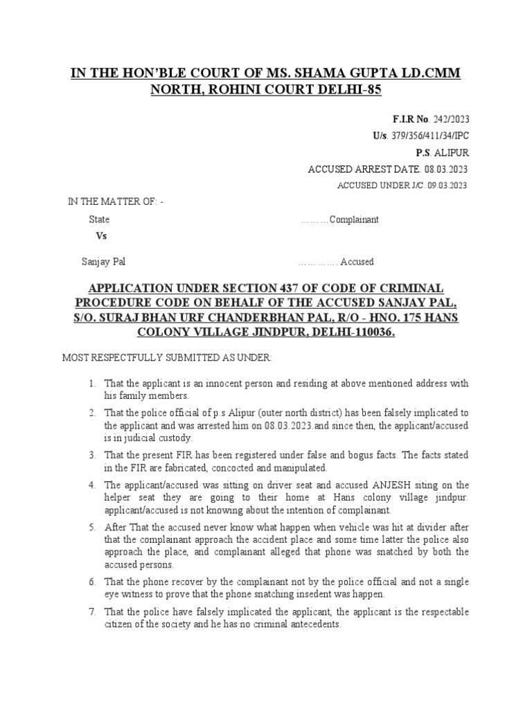 BAIL APPLICATION UNDER 437 CRPC STATE VS SANJAY PAL FINAL | PDF | Bail ...