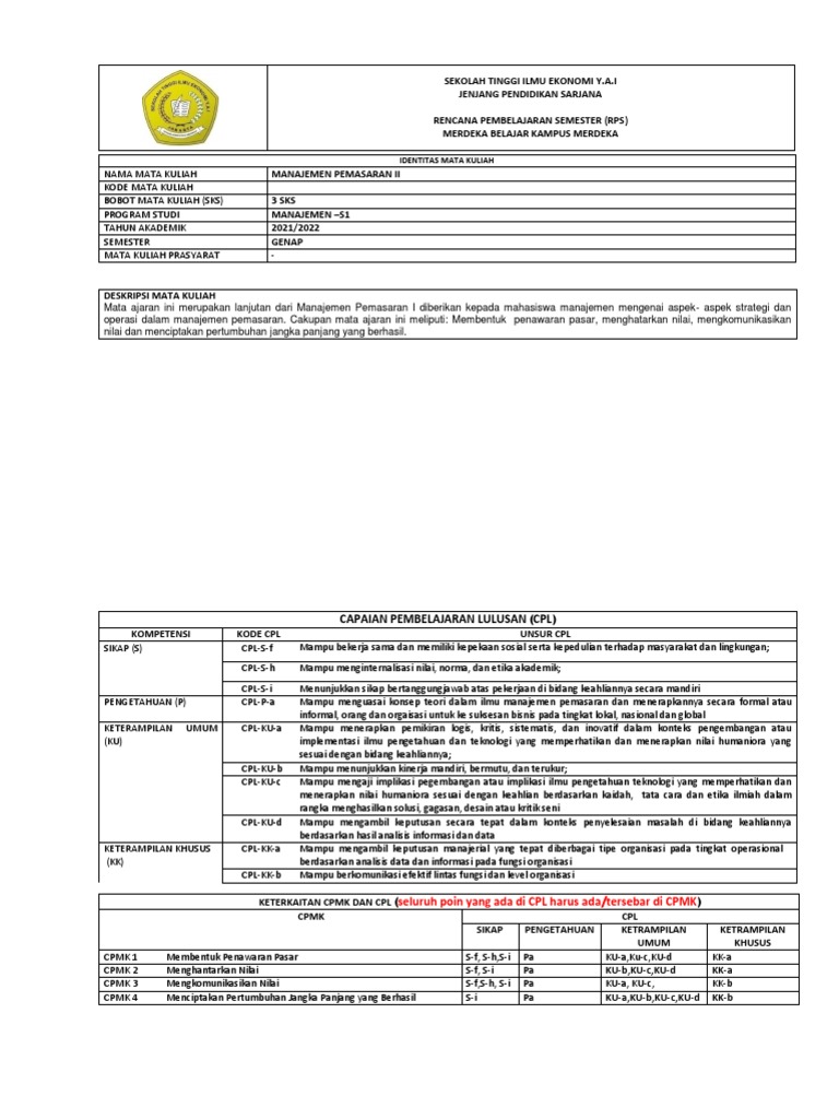 RPS Manajemen Pemasaran II S1 Y.A.I | PDF
