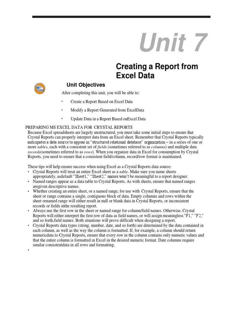 Crystal Report Unit 7 PDF Microsoft Excel Data Management