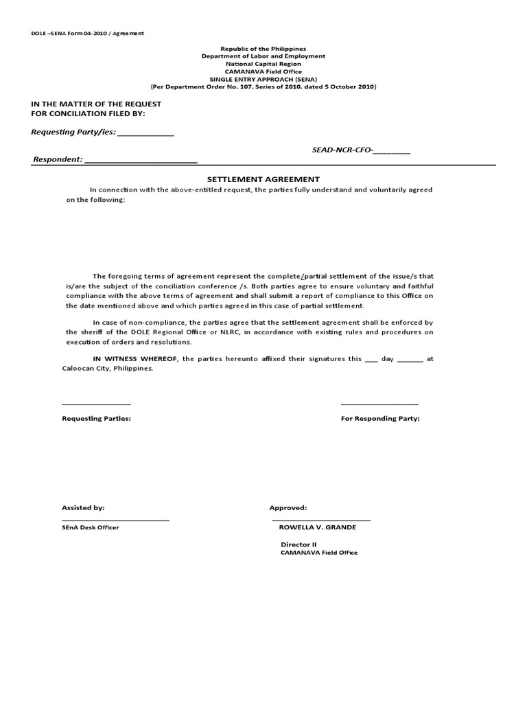 SENA Settlement Agreement Template | PDF | Justice | Crime & Violence