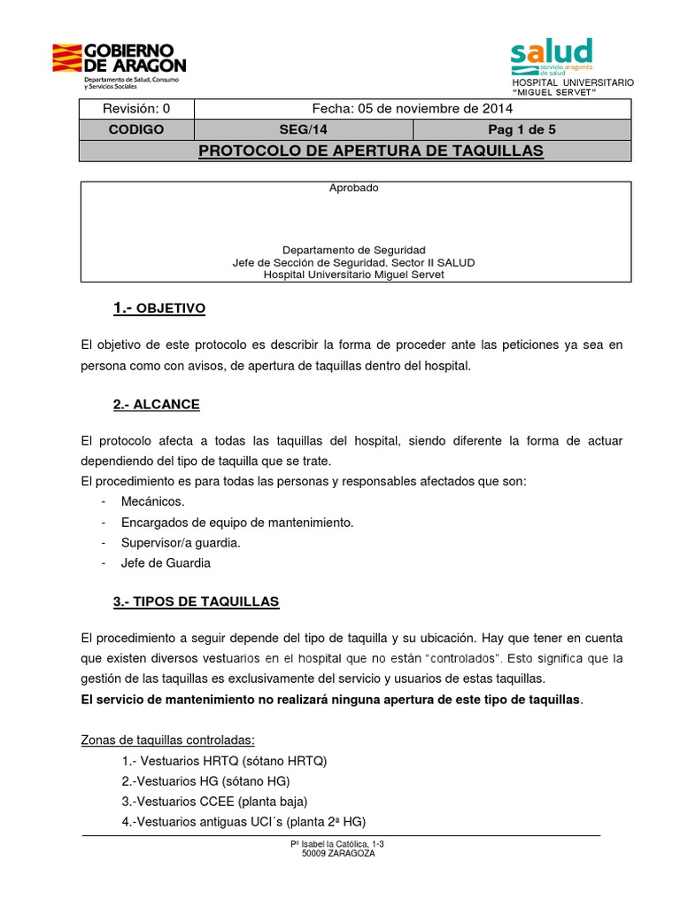 SEG14 Protocolo Apertura de Taquillas Rev0-1 | PDF | Hospital