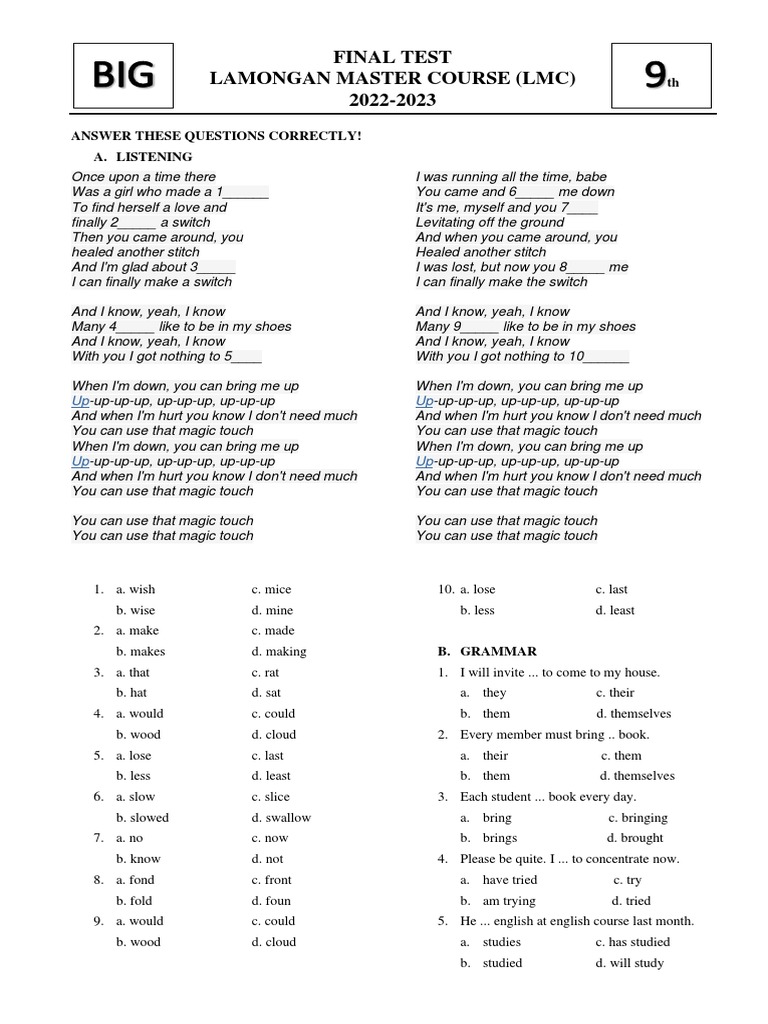KLS 9 Final Test for Listening & Grammar | PDF | Bedroom