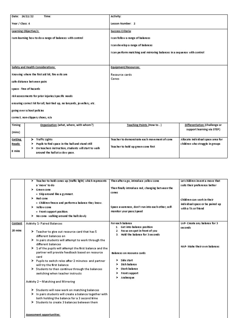 PE Lesson Plan Year 4 (Balances) PDF Teachers Teaching