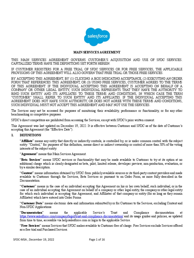 Salesforce Main Services Agreement 2022 | PDF | Indemnity | Credit Card
