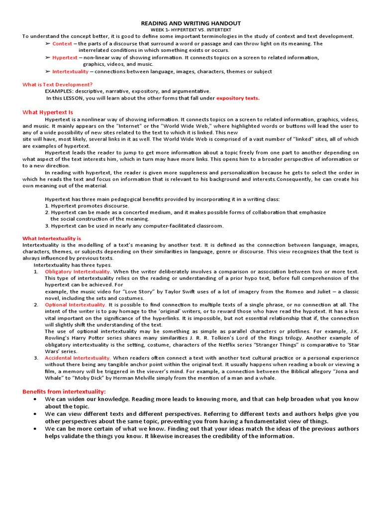 Reading and Writing Handout Explains Hypertext vs Intertextuality PDF
