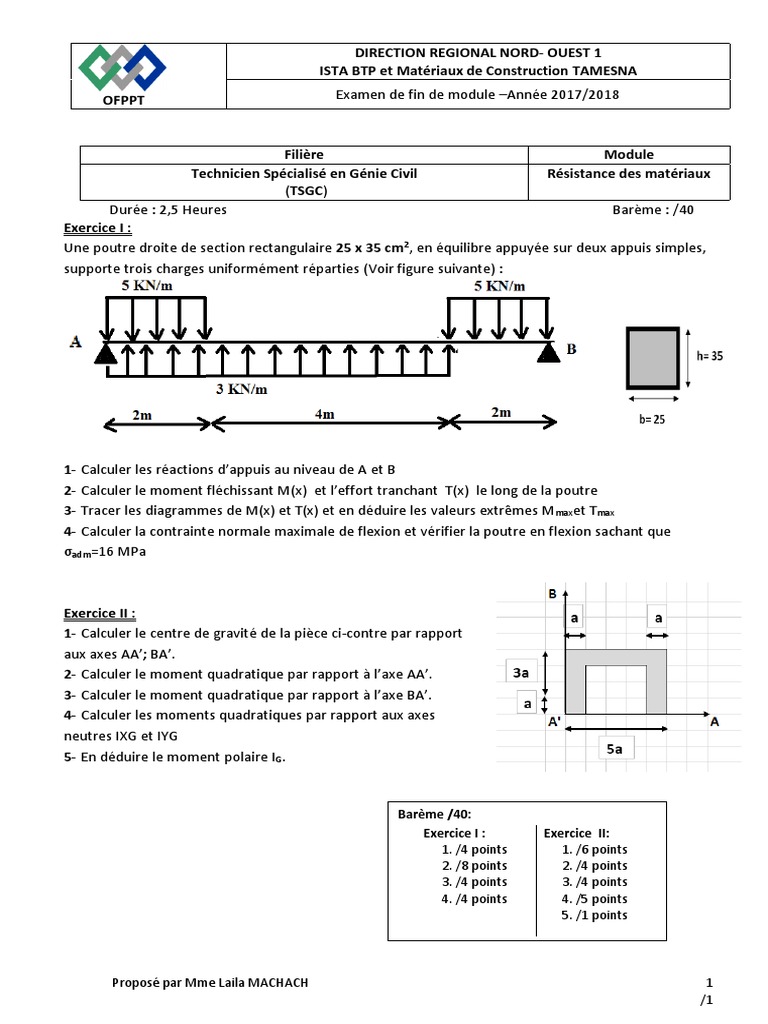Examen RDM Génie Civil OFPPT 2017/2018 | PDF