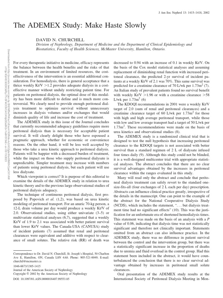 The ADEMEX Study Make Haste Slowly.35 PDF Hemodialysis Nephrology