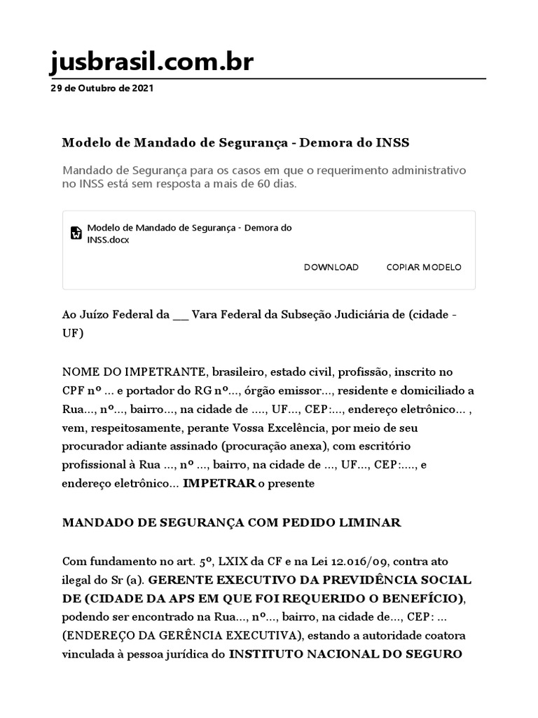 Mandado de Segurança: Demora do INSS | PDF | Injunção | Mandamus