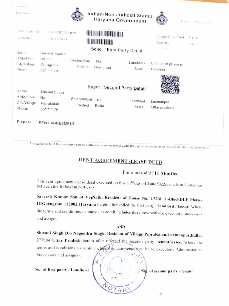 Rent Agreement Between Sarvesh Kumar and Shivani Singh for Residential
