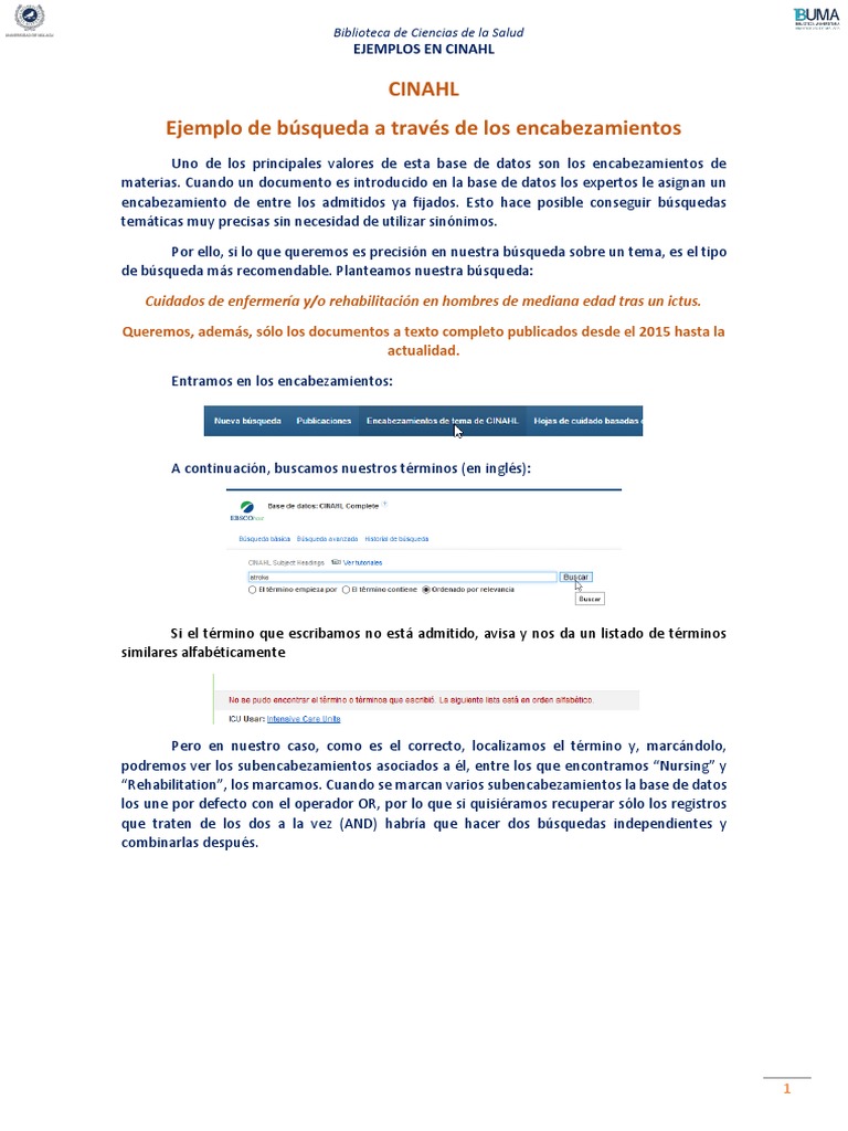Ejemplos de Búsqueda en CINAHL | PDF | Bases de datos | Información