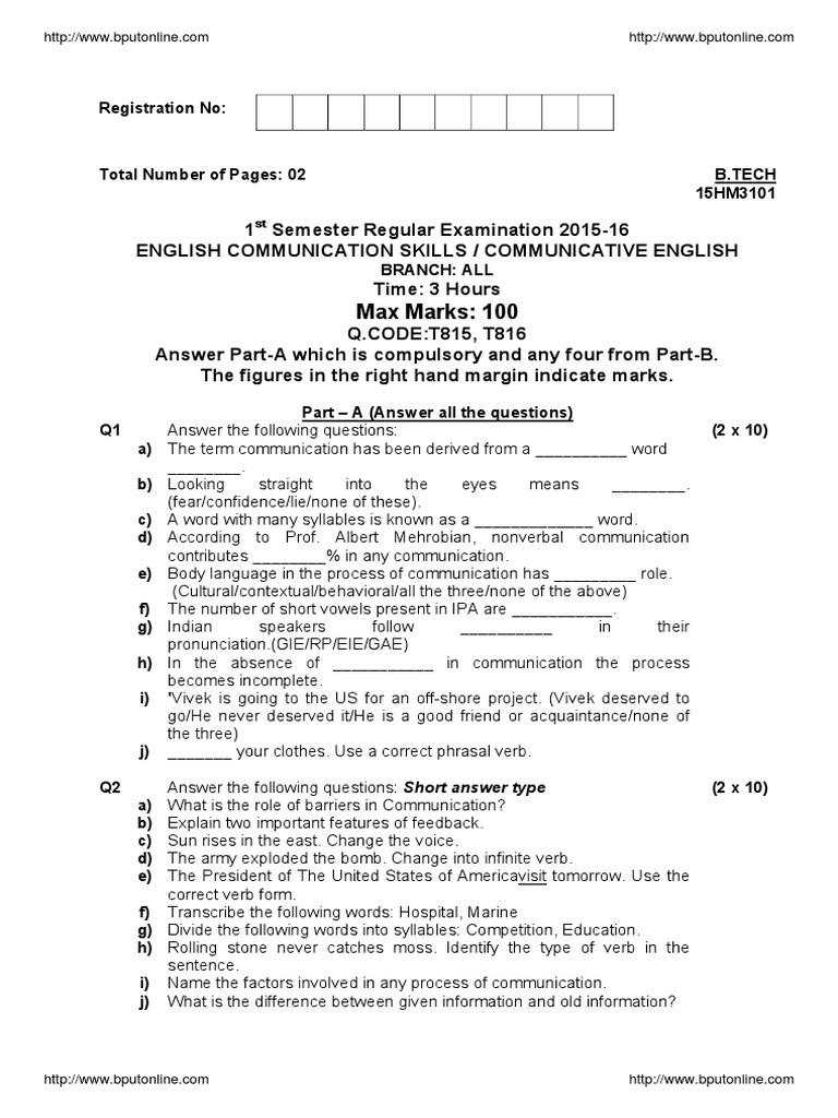B.Tech 1st Semester English Exam Paper | PDF | Communication | Language ...