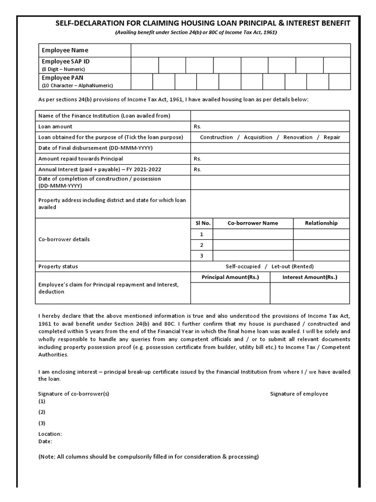Housing Loan Tax Benefit Declaration Form | PDF | Loans | Taxes
