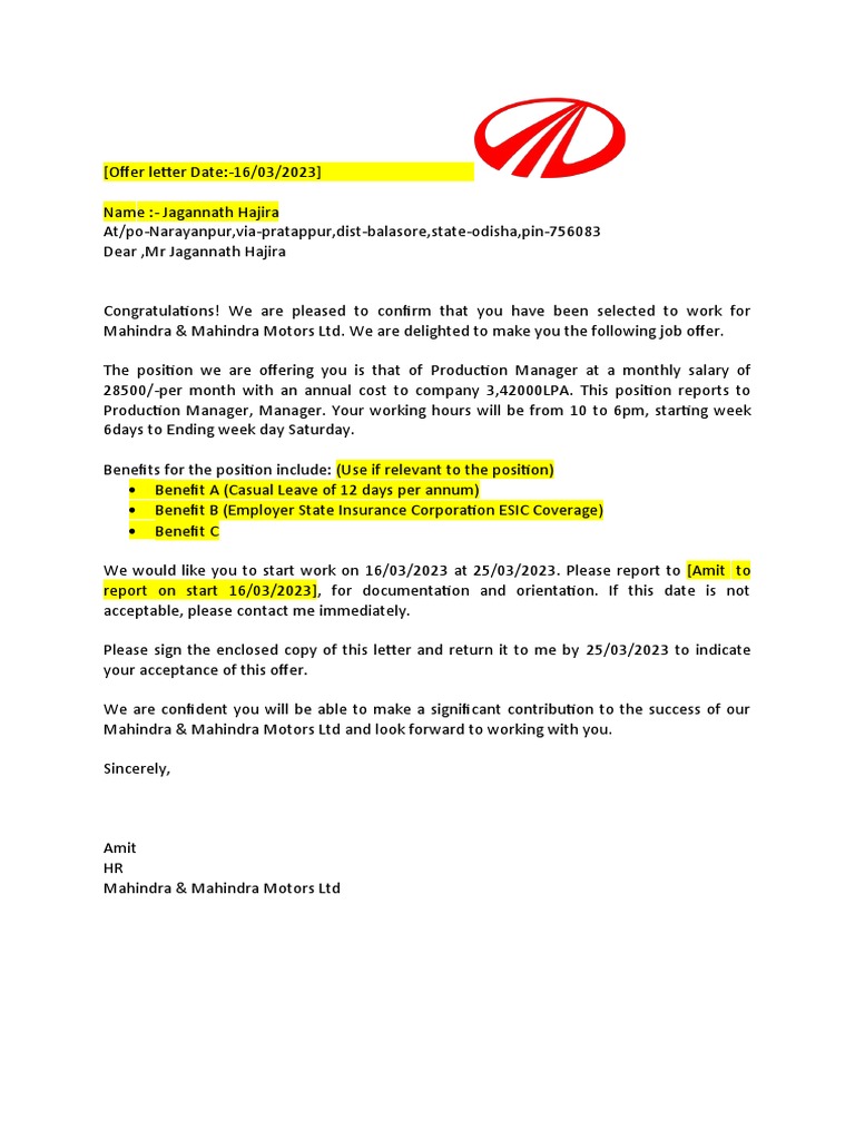 Offer Letter Format | PDF