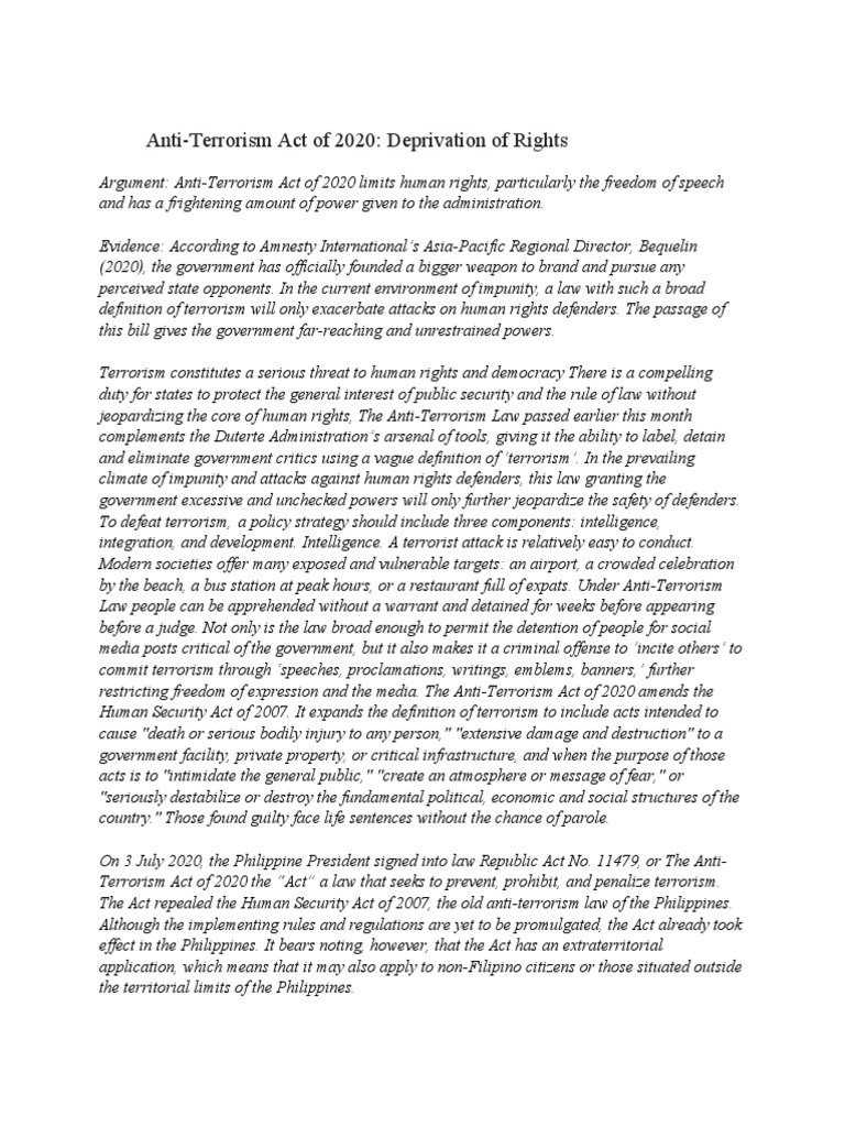 Anti-Terrorism Law Argumentative Essay | PDF | Criminal Law | Public Law