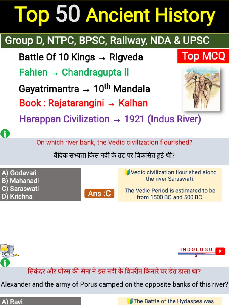 Top 50 Ancient History MCQs for Exams | PDF | Vedas | Ancient India