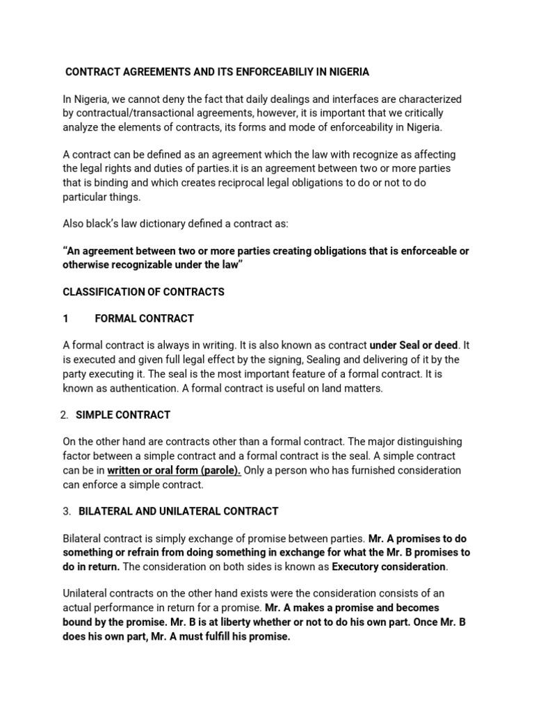 Contract agreements and its enforceabiliy in nigeria pdf offer and