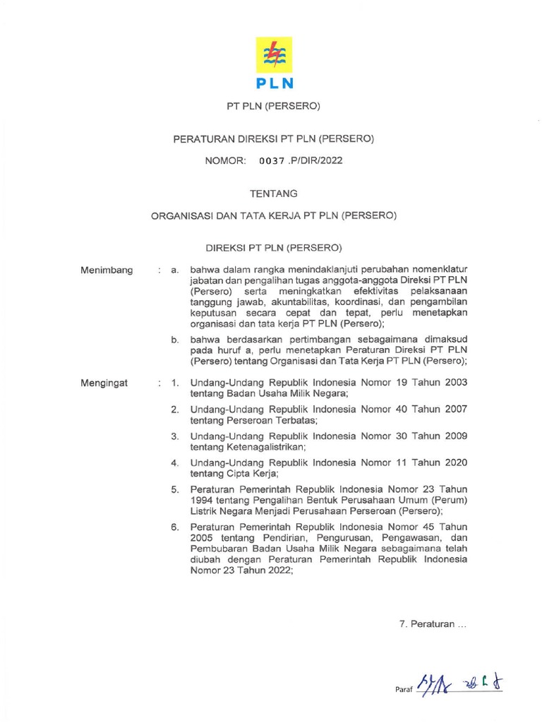 0037.P.DIR.2022 - PERDIR TTG Organisasi Dan Tata Kerja PLN | PDF