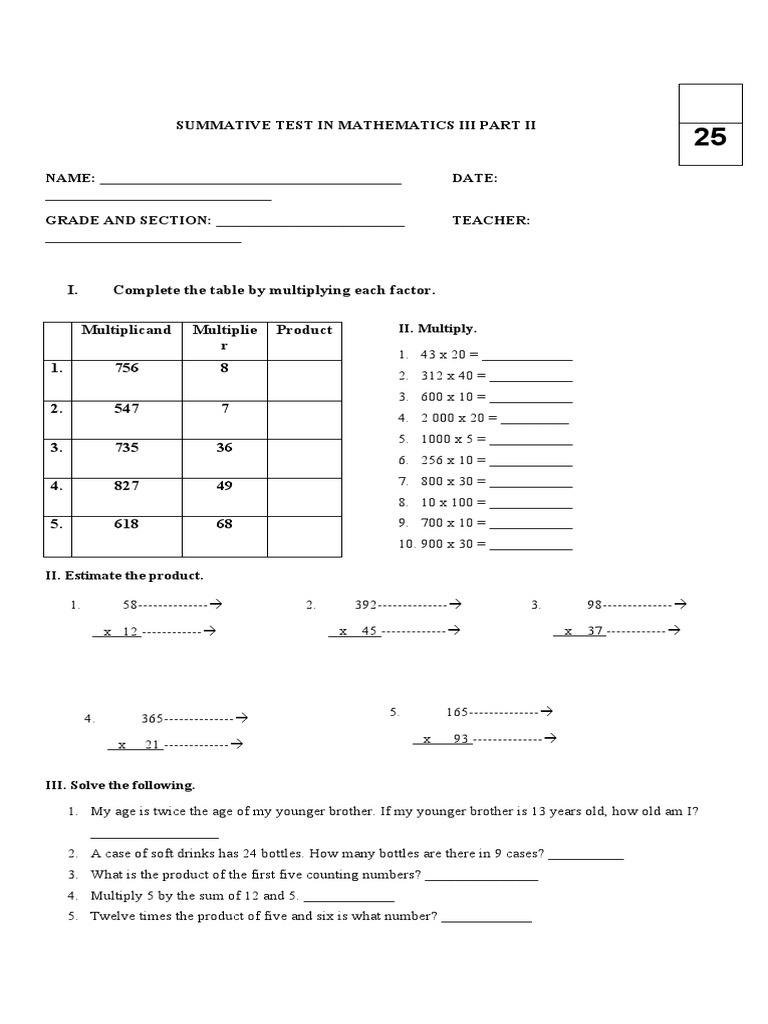 Summative Test in Mathematics III Part II: Calculating Products ...