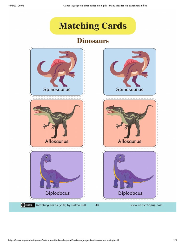 Cartas A Juego de Dinosaurios en Inglés - Manualidades de Papel para Niños  | PDF | Salud y bienestar | Libros para adolescentes, image size:768x1024