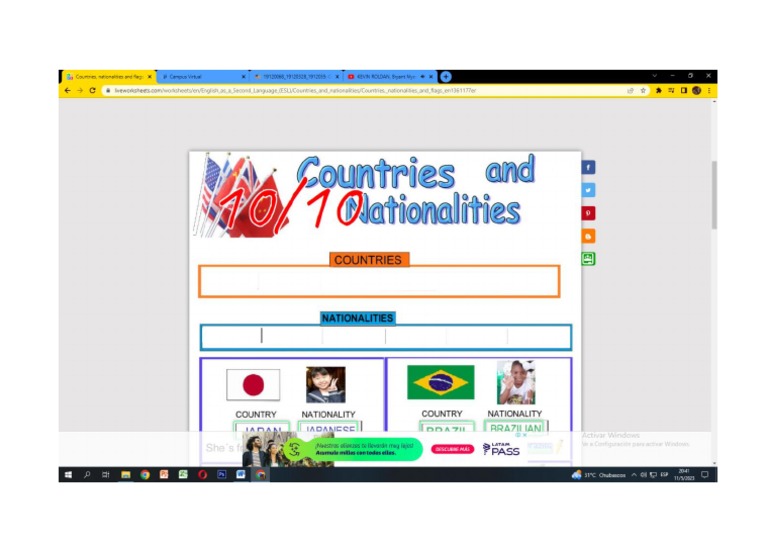 Countries and Nationalities Liveworksheet Assignments Taller | PDF