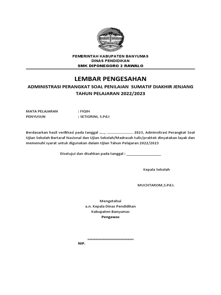 Lembar Pengesahan Ujian Sekolah 2023 | PDF