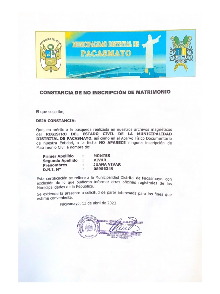 Constancia de No Inscripción de Matrimonio Pacasmayo | PDF
