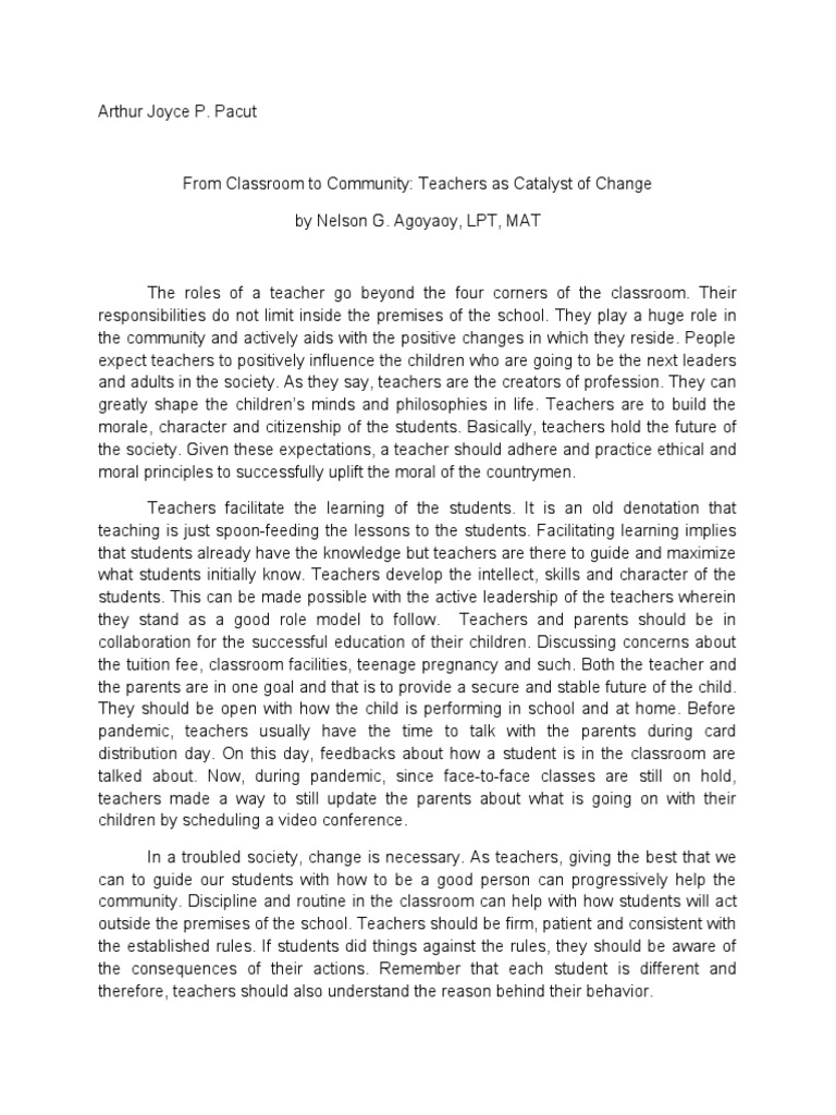 Teachers as Catalysts for Community Change | PDF | Teachers | Classroom