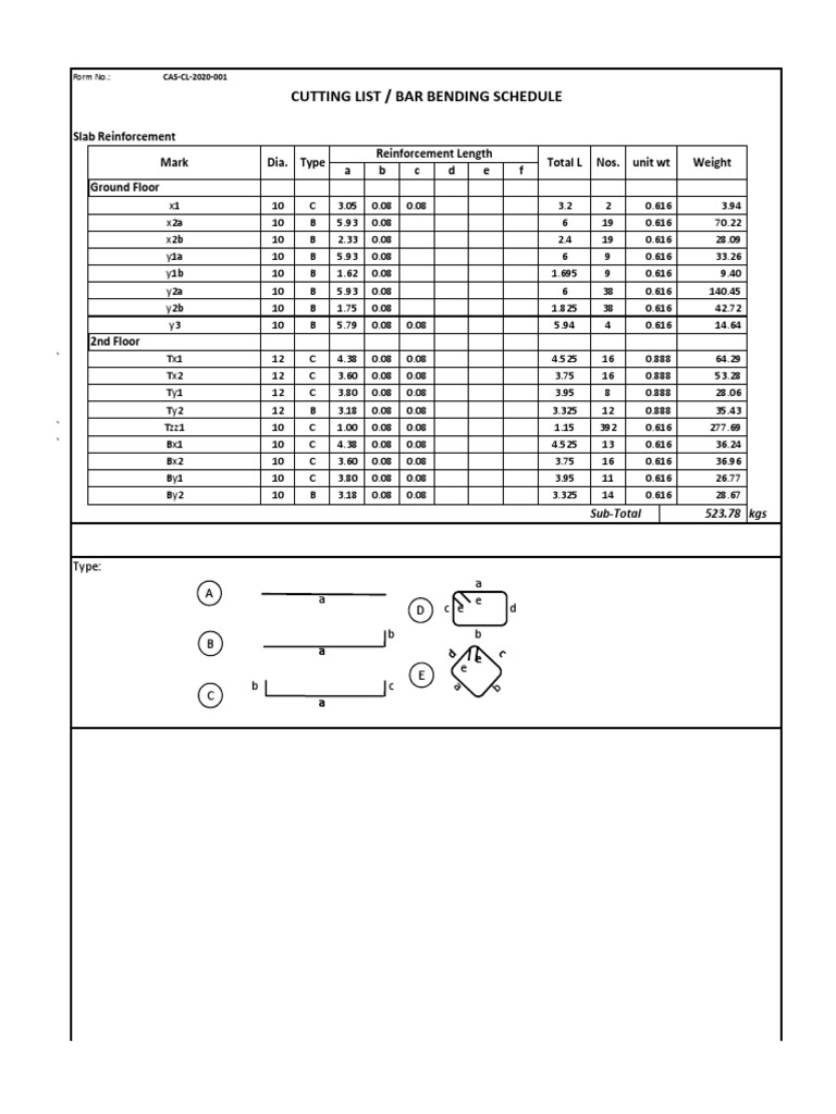 Rebar Cutting List Slab PDF
