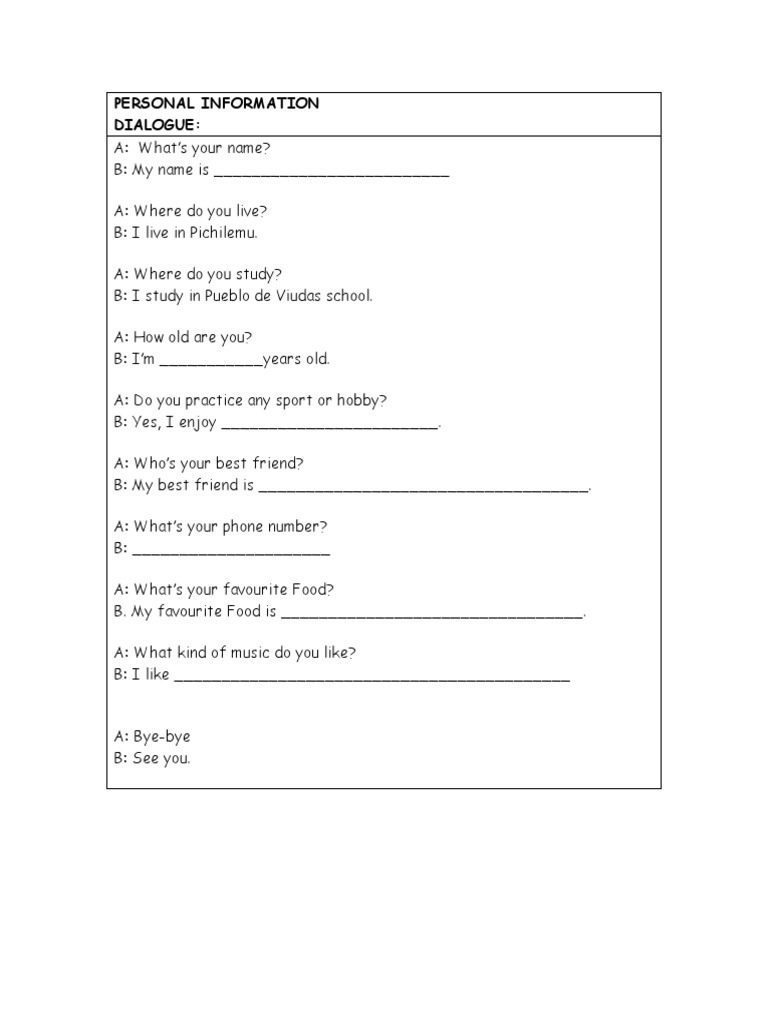 Personal Information Dialogue Worksheet | PDF