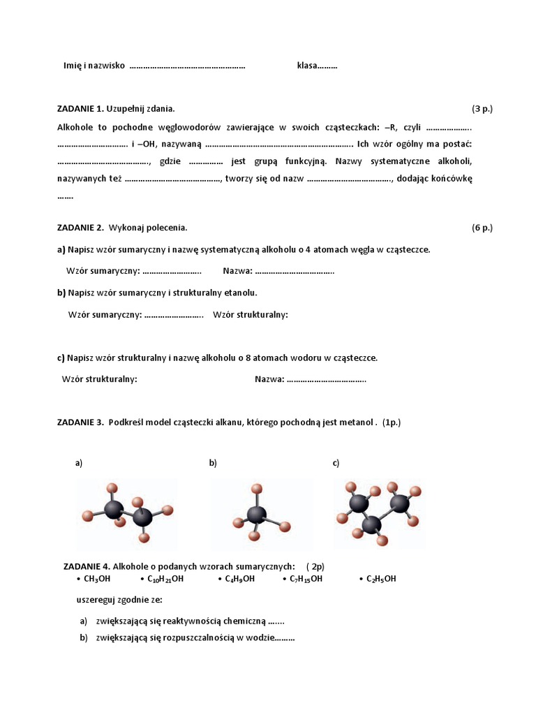 Sprawdzian KL 8 Alkohole | PDF