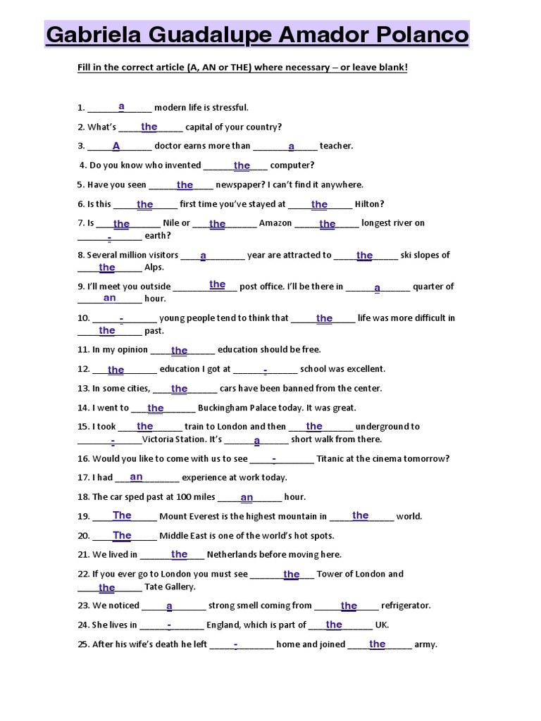 Article and Quantifier Exercises | PDF