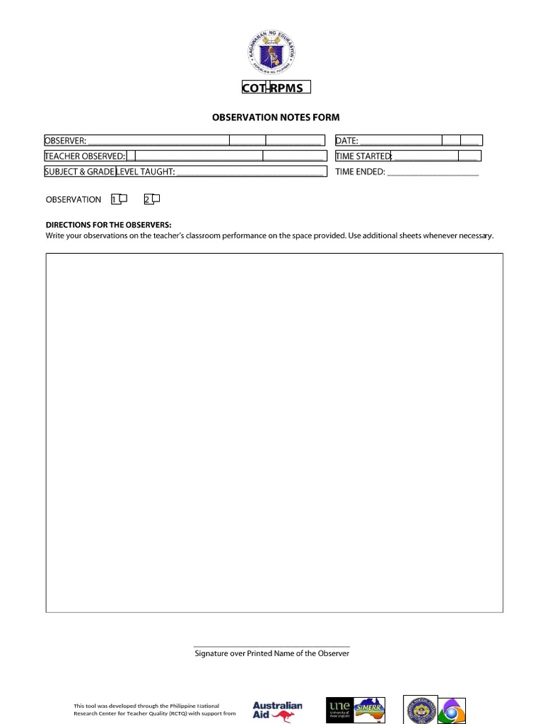 Cot rpms observation notes form pdf