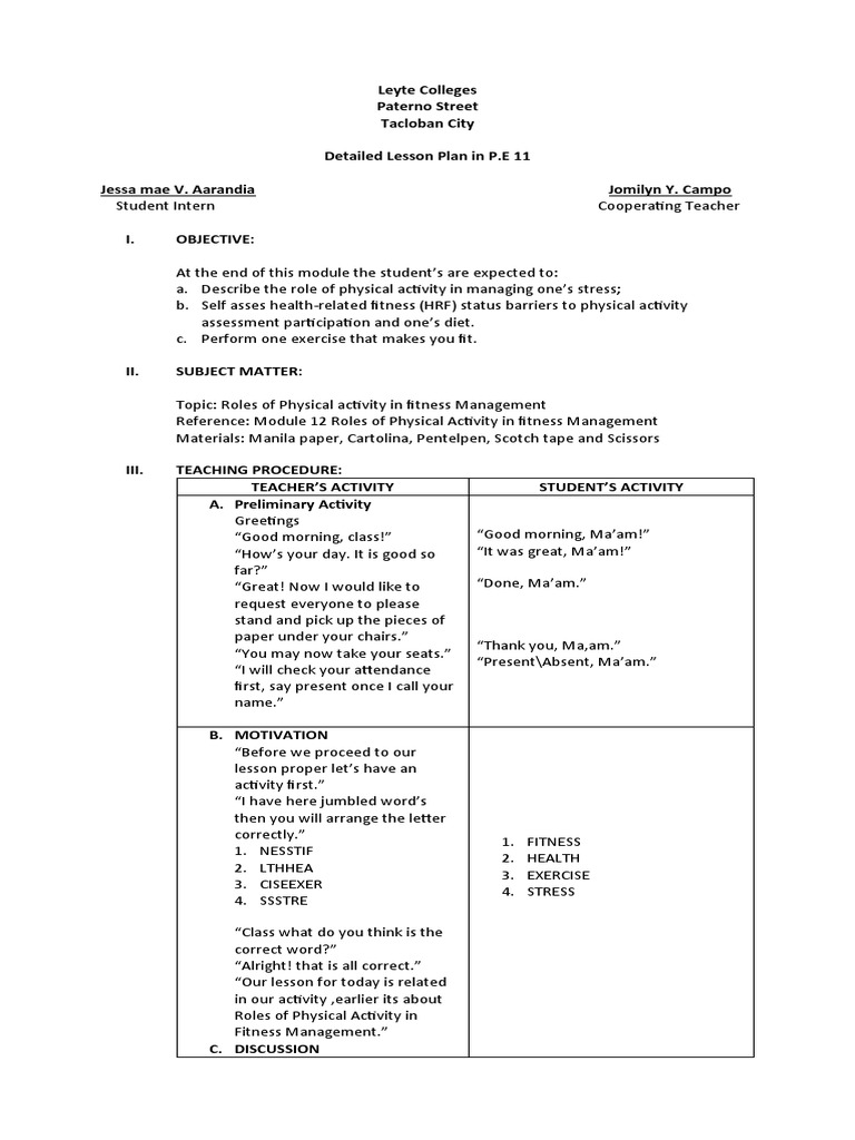 Lesson Plan 2 P.E 11 | PDF | Self-Improvement