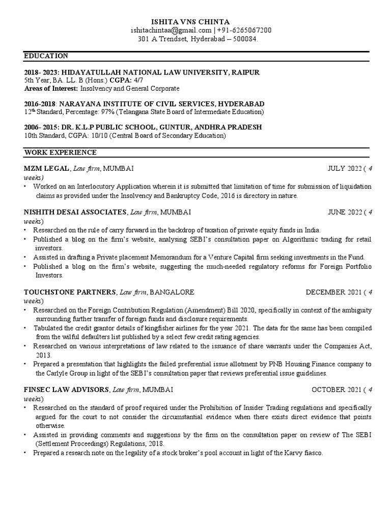 Ishita VNS Chinta - Legal Resume | PDF | Business | Private Sector