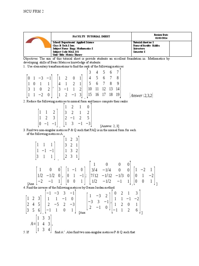 Matrix Theory Tutorial Sheet 1 | PDF