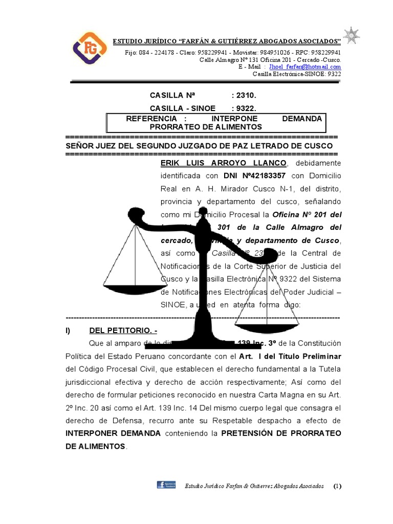 Demanda de Alimentos Prorrateo Erik | PDF | Demanda judicial | Pensión