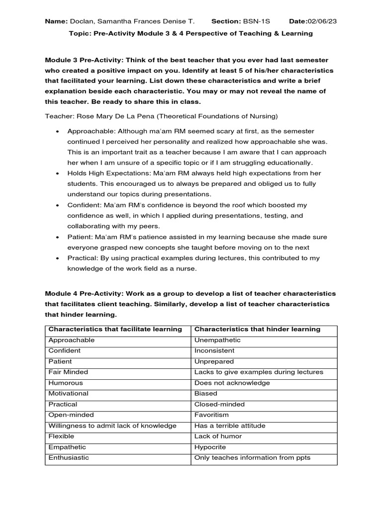 Module 34 Pre Activity Health Education | PDF | Teachers | Learning