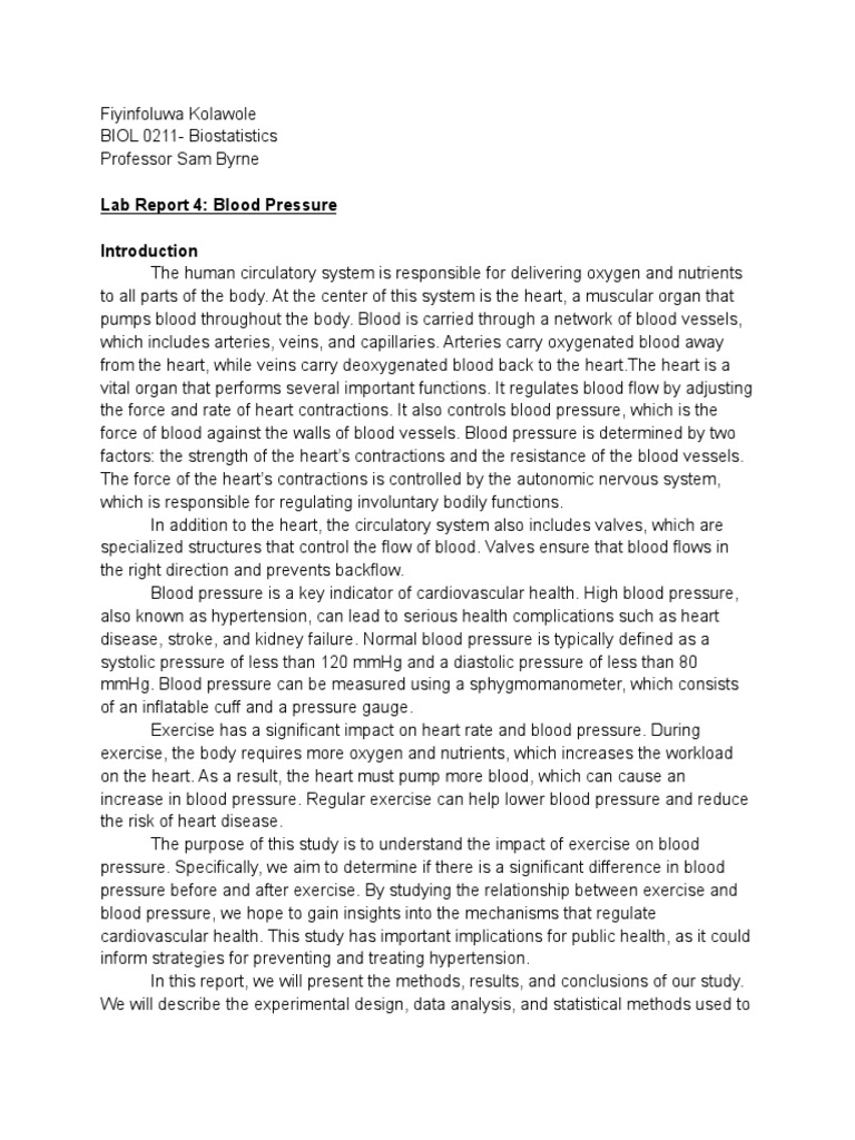 BIOL 0211 - Lab Report 4 - Blood Pressure | PDF | Blood Pressure | Heart
