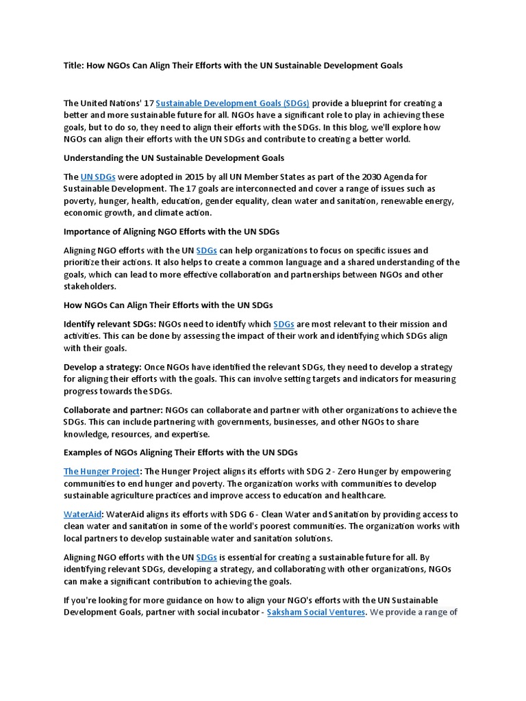 NGOs Aligning with UN SDGs Guide | PDF | Sustainability | Non ...