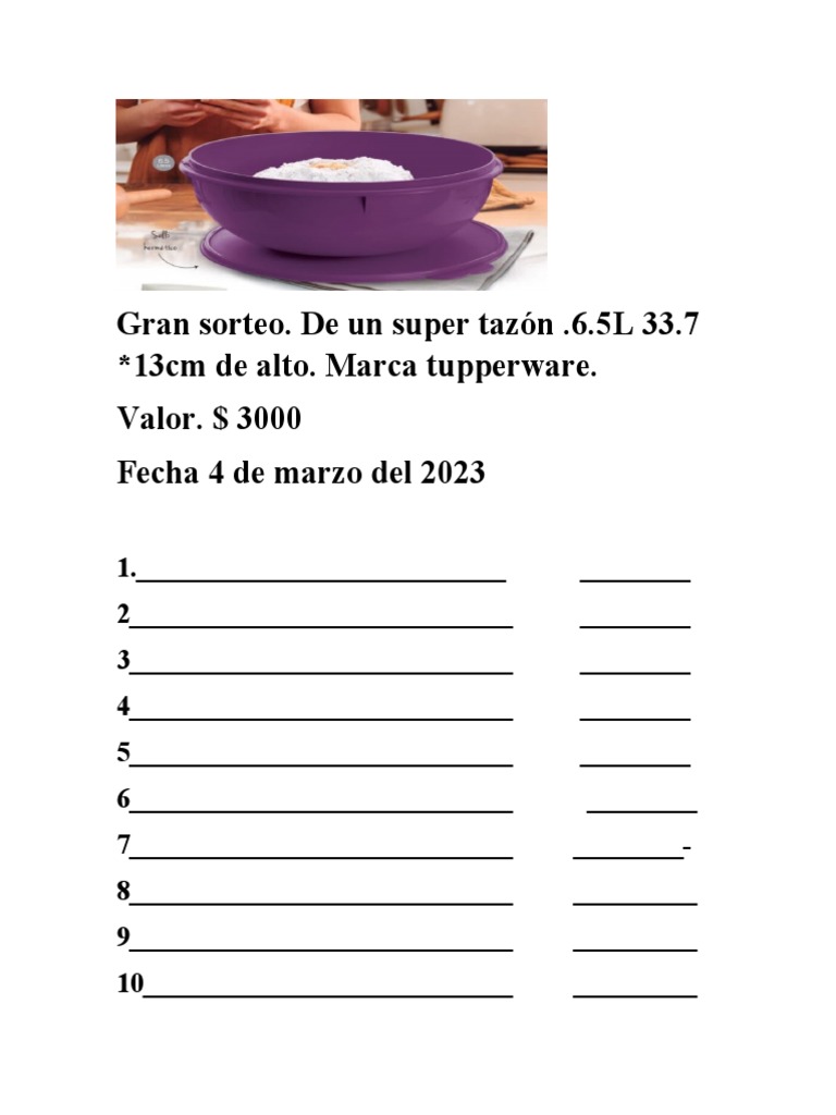 Sorteo Tupperware Super Tazón 6.5L | PDF | Cocina, comidas y vino